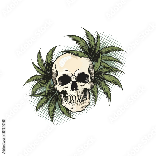 Edgy Skull with Marijuana Leaves and Halftone Dots, Perfect for T-shirt Designs and Music Album Covers.