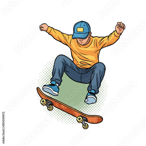 Energetic skateboarder performing an aerial trick with a vibrant pop art style, perfect for active lifestyle and extreme sports themes.