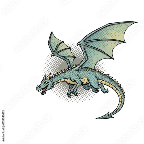 Fantasy Green Dragon Flying Illustration with Halftone Effect.
