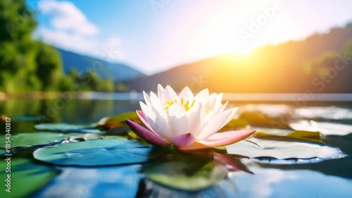 A serene lotus flower floats on water, illuminated by the sun's warm glow and reflected below.