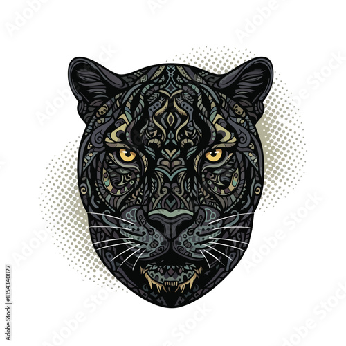 Intricate Black Panther Head with Tribal Patterns and Yellow Eyes - Majestic Wildlife Art.