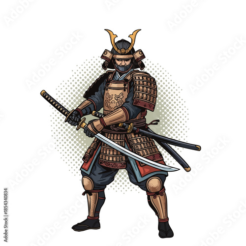 Japanese Warrior Samurai with Swords in Traditional Armor, Ready for Battle.