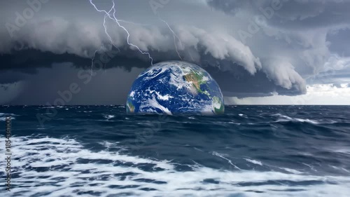 Dramatic depiction of Earth submerged in water with lightning and dark clouds in the sky.