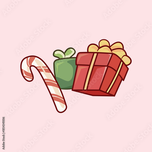 A festive arrangement featuring a red gift box with a gold ribbon, a small green present, and a red-striped candy cane on a pink background. Perfect for holiday greeting cards and sales.