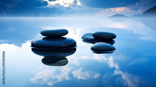 Zen stones resting in water with sky reflection creating a peaceful, calming environment.