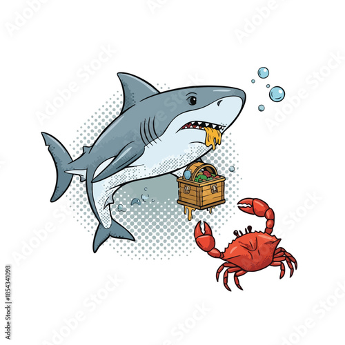 Playful Shark and Crab Illustrate Underwater Treasure Discovery and Mischief.