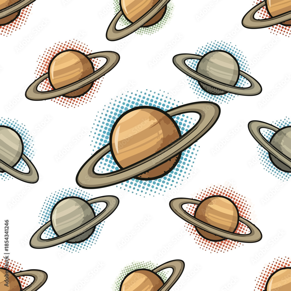 Fototapeta premium Retro Pop Art Planet Saturn Seamless Pattern Illustration.