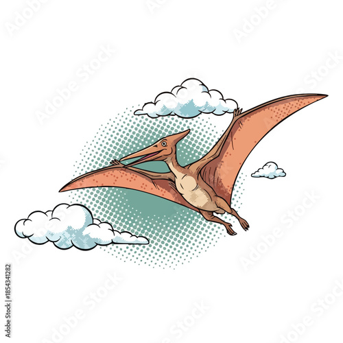 Retro Pterodactyl Flying Through Clouds with Halftone Pattern - Ancient Creature Illustration.