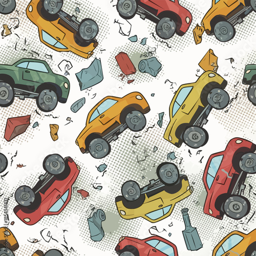 Seamless Pattern of Cartoon Cars in Various States of Dismantle and Damage.