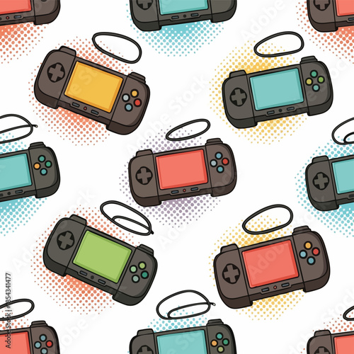 Seamless Pattern of Colorful Handheld Gaming Consoles with Dot Backgrounds.