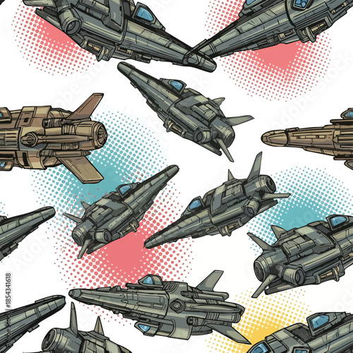 Seamless Sci-Fi Jet Fighter Pattern: Futuristic Airborne Vehicles in Retro Comic Style.