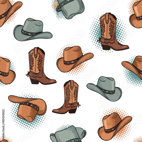 Seamless Vintage Cowboy Hat and Boot Pattern, Western Style Apparel and Accessories.