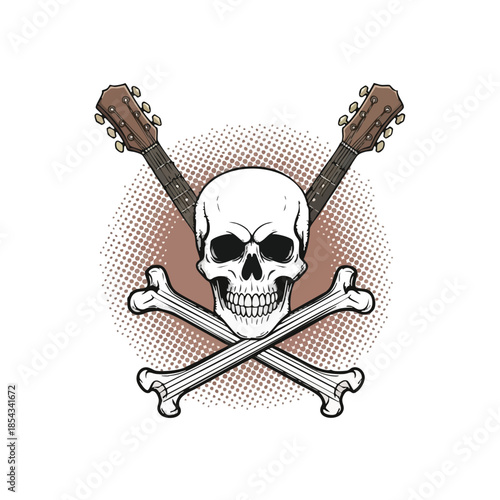 Skull and Crossed Guitars with Bones Emblem for Rock Music, Metal Bands, and Edgy Designs.