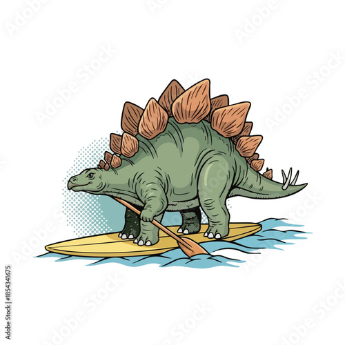 Stegosaurus dinosaur surfing on a paddleboard with an oar.