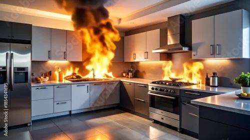 A kitchen engulfed in flames, showing the dangers of home fires and accidents.