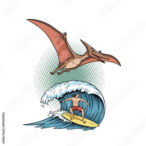 Surfer Riding a Wave While a Pterodactyl Flies Overhead - Unique Fun Summer Sport Design.