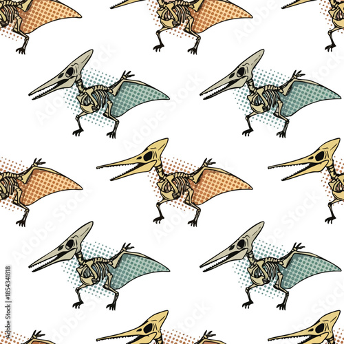 Surreal Pop Art Pterodactyl Skeletons Seamless Pattern - Engaging for Children's Decor & Educational Content.