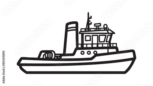 Tugboat sailing on calm waters, side view illustration