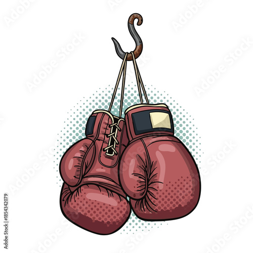 Vintage Boxing Gloves Hanging on Hook with Halftone Pattern Background Classic Sports Equipment.