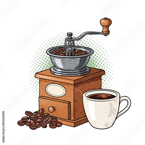 Vintage Coffee Grinder with Freshly Roasted Beans and a Hot Cup of Coffee - Morning Ritual.