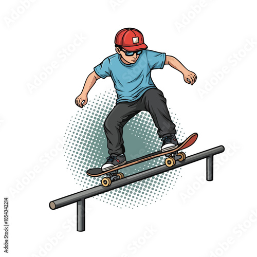 Young Boy Performs Grinding Trick on Skateboard Rail in Urban Skate Park Illustration.