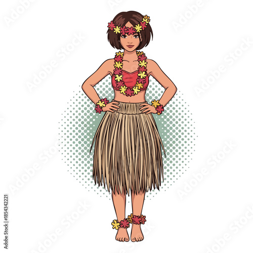 Young Woman in Traditional Hawaiian Hula Dancer Outfit with Flower Lei and Grass Skirt.