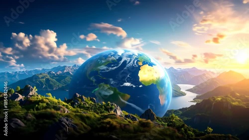 Stunning visualization of Earth surrounded by lush green mountains under a bright sky.