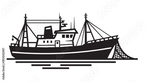 A commercial fishing vessel sailing on the open sea, viewed from the side.