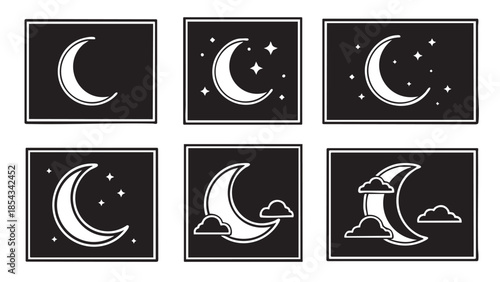 Collection of crescent moon illustrations in various celestial environments