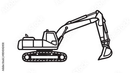 An illustration of a large excavator on tracks with its arm extended in a working position