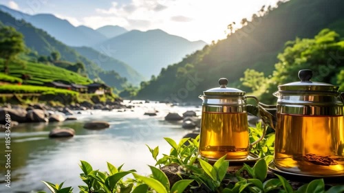 Two teapots filled with tea on a wooden surface with a river and mountains in the background.