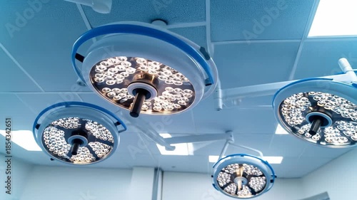 Modern surgical lights illuminate the ceiling in an operating room for medical procedures.