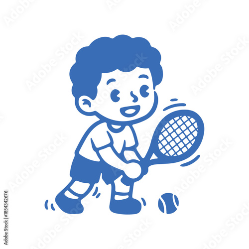 Cheerful Young Boy Playing Tennis with Racket and Ball