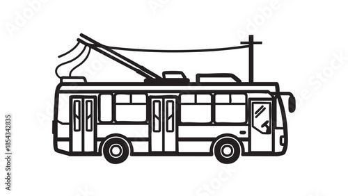 Illustration of a trolleybus connected to overhead wires on a utility pole