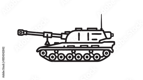 A military tank is illustrated in a simple black and white graphic on a plain white background