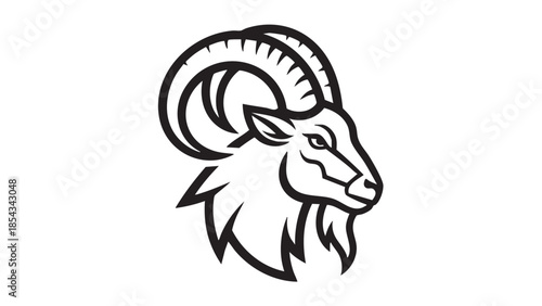 A stylized illustration of a majestic ram's head with curved horns, showcasing intricate line art on a clean white background.