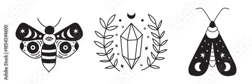Celestial crystal and moth with mystic wings and boho symbols. Vector outline insect silhouette for witchy tattoo, sticker or spiritual crystal ritual design.