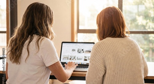Young women looking at home decor online on laptop computer by window