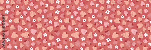 Seamless strawberry vector background with hand-drawn berries and flowers. Cute summer print for fabric, posters, or trendy fashion projects. Vibrant pink and red pattern design.