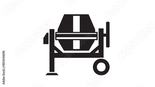 A cement mixer on wheels is positioned on a construction site viewed from the front.