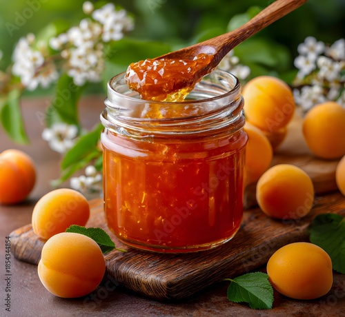 Homemade apricot jam in glass jar with wooden spoon and fresh apricots on rustic board, sweet summer fruit preserve, close up