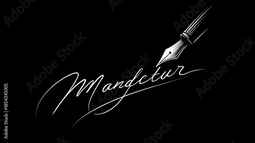 Elegant black and white fountain pen with handwritten signature script. Classic calligraphy illustration for writing, communication, and luxury.