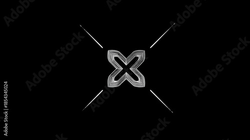 Sleek metallic silver abstract symbol on black with converging light streaks. Modern, elegant, luxurious graphic design element.