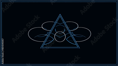 Elegant Abstract Geometric Symbol with Glowing Blue Lines and Mystical Swirls on Dark Background - Futuristic Design Element