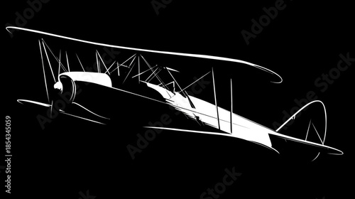 Dynamic White Outline Biplane Flying Silhouette on Black Background - Classic Aviation Art Illustration for Design