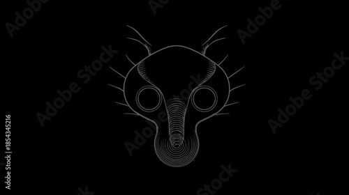 Abstract alien creature head illustration on black background. Mysterious sci-fi insectoid fantasy monster mask outline.