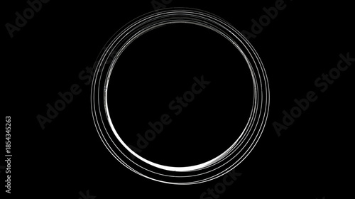 Abstract white concentric circles glowing on a deep black background. Dynamic light rings, digital art motion graphic element.