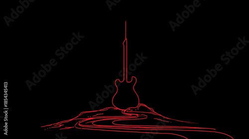 Vibrant red electric guitar outline with abstract flowing liquid lines on a dark black background, minimalist music art concept.