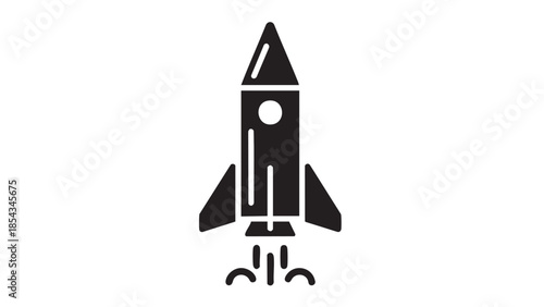 A black rocket illustration soaring upwards on a white background