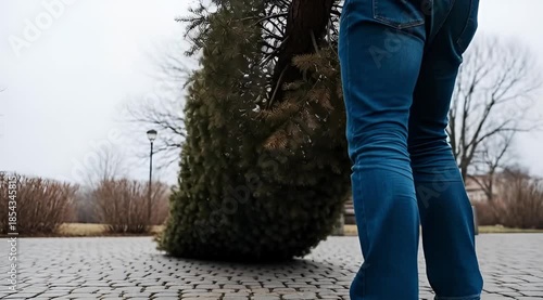 Man carrying large tree trunk across park
